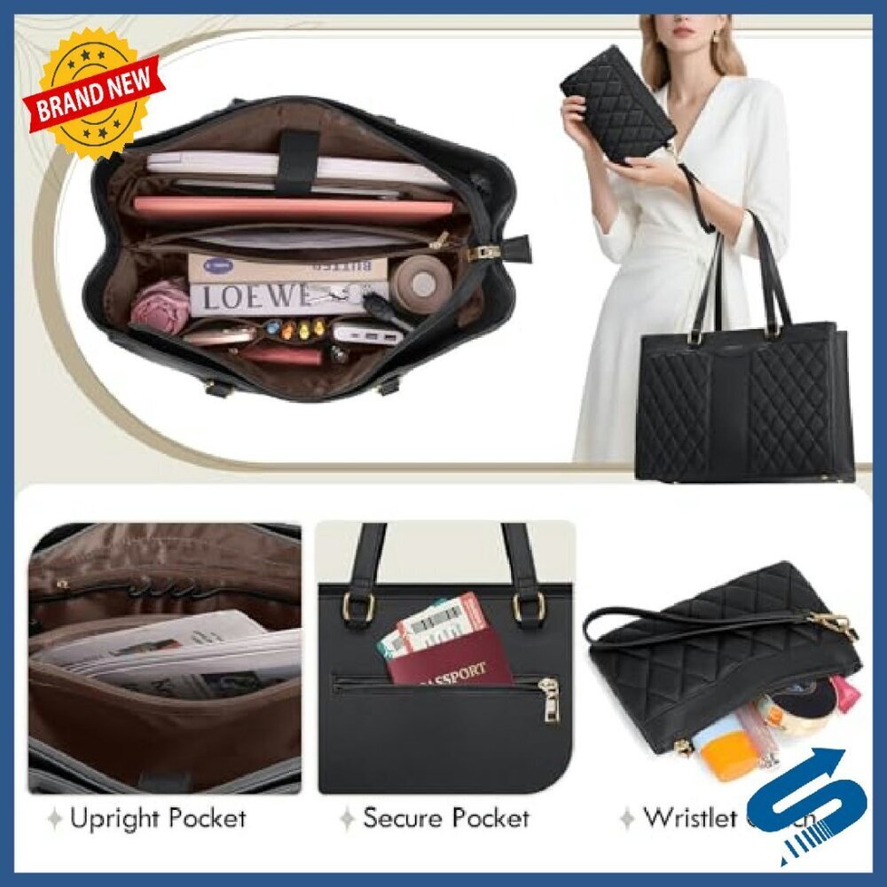 15.6 Inch Laptop Tote Bag Professional Work Purse Waterproof Leather - Picture 4 of 7